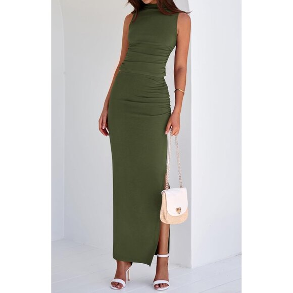 Women's Army Green Two Piece Sets Going Mock Neck Sleeveles Knit Tops Maxi Skirt - Picture 6 of 6